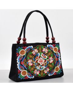 Buddha Stones Galsang Inula Flower Peony Peacock Double-Sided Embroidery Canvas Shopping Purse Handbag - Apple Blossom