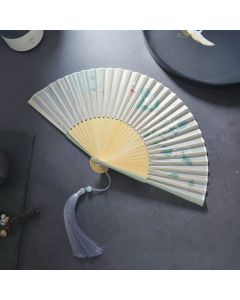 Buddha Stones Gardenia Cherry Blossom Moon Handheld Polyester Bamboo Folding Fan 21cm - Cherry Moon Gray Edge 21cm