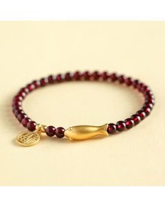 Buddha Stones Garnet 925 Sterling Silver Fish Fu Character Purification Bracelet - Garnet 925 Sterling Silver Silver Fish(Wrist Circumference: 14-16cm)