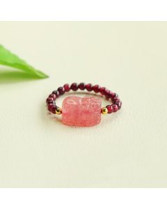 Buddha Stones Garnet Beads Strawberry Quartz Pixiu Protection Ring - Garnet Bead(Adjustable)