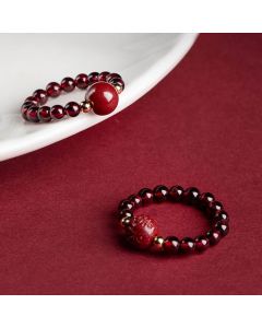 Buddha Stones Garnet Cinnabar Lucky Bead PiXiu Om Mani Padme Hum Rose Protection Ring - Cinnabar Rose(Adjustable)