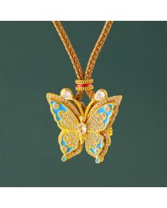 Buddha Stones Gold Plated Brass Butterfly Transformation Pendant Necklace - Brown Braided Cord