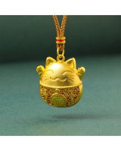 Buddha Stones Gold Plated Brass Fu Character Lucky Cat Blessing Braided Rope Necklace - Golden Rope
