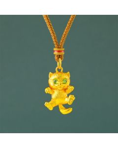 Buddha Stones Gold Plated Brass Lucky Cat Grounding Pendant Necklace - Golden Rope