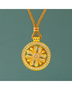Buddha Stones Gold Plated Brass Rotating Iris Flower Round Pendant Necklace - Brown Braided Cord