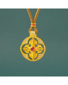 Buddha Stones Gold Plated Brass Vajra Spiritual Power Round Pendant Necklace - Vajra Red Bead&Golden Rope