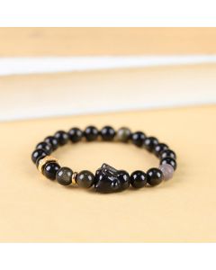 Buddha Stones Gold Sheen Obsidian Black Obsidian Silver Sheen Obsidian Cute Rabbit Protection Bracelet - 10mm(Wrist Circumference 14-16cm)