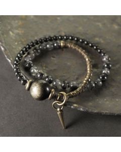 Buddha Stones Gold Sheen Obsidian Black Rutilated Quartz Copper Brass Double Wrap Protection Bracelet - Gold Sheen Obsidian Black Rutilated Quartz Brass(Wrist Circumference: 17-17.5cm)