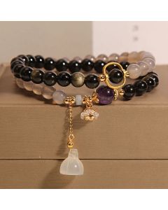 Buddha Stones Gold Sheen Obsidian Gray Agate Lotus Charm Strengthen Double Wrap Bracelet - Gold Sheen Obsidian Gray Agate(Wrist Circumference 14-15cm)
