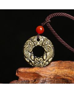 Buddha Stones Gold Sheen Obsidian Peace Buckle Pixiu Copper Coin Wealth Necklace Pendant - Gold Sheen Obsidian