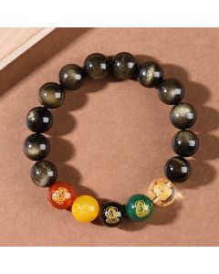 Buddha Stones Gold Sheen Obsidian Rainbow Obsidian Black Obsidian Five Directions Gods of Wealth Bracelet - Black Obsidian / 12mm(Wrist Circumference 14-16.5cm)