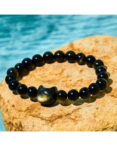 Buddha Stones Gold Sheen Obsidian Silver Sheen Obsidian Lovely Paw Lucky Cat Protection Bracelet - Silver Sheen Obsidian / Necklace / 14*15*9mm