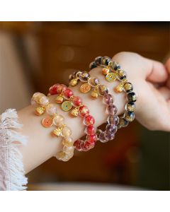Buddha Stones Gold Swallowing Beast Copper Coin Good Luck Charm Liuli Glass Bead Fortune Bracelet - Gold Liuli Glass Bead(Wrist Circumference 14-16cm)