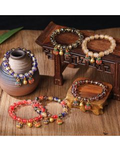 Buddha Stones Gold Swallowing Beast Family Charm Gold Silver Foil Liuli Glass Bead Blessings Bracelet - Purple Gold / 10mm(18 Beads)