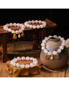 Buddha Stones Gold Swallowing Beast Family Charm Luminous Pink Love Heart Fluorescent Liuli Glass Bead Blessings Bracelet - Simple Version