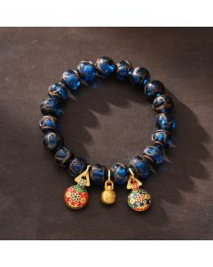 Buddha Stones Gold Swallowing Beast Luck Charm Blue Liuli Glass Bead Fortune Bracelet - 14mm(Wrist Circumference 14-16cm)