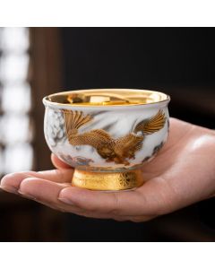Buddha Stones Golden Eagle Auspicious Dragon Sun Ocean Waves Gilt Ceramic Teacup Kung Fu Tea Cup - 2Pcs Golden Eagle&Auspicious Dragon Gift Box
