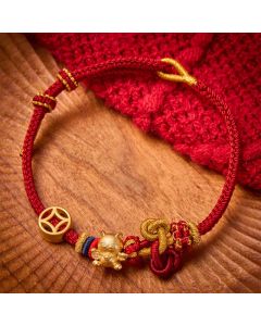 Buddha Stones Golden Lucky Cat Red String Protection Braided Bracelet - Dark Red