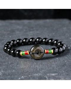 Buddha Stones Golden Sheen Obsidian Peace Buckle Black Obsidian Koi Fish Protection Round Bead Bracelet - Black Obsidian & Golden Sheen Obsidian(Wrist Circumference: 15–16 cm)