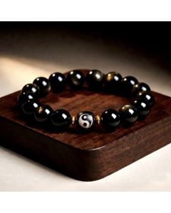 Buddha Stones Golden Sheen Obsidian Yin Yang Protection and Balance Bracelet - Golden Sheen Obsidian / 10mm (6.3–6.7 in/16–17cm)