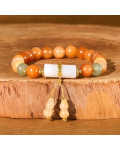Buddha Stones Golden Silk Jade Beads Gourd White Crystal Wealth Luck Bracelet - Golden Silk Jade(Wrist Circumference: 14-15cm)