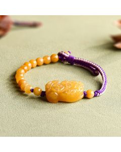 Buddha Stones Golden Silk Jade Beads PiXiu Wealth Bracelet - Golden Silk Jade(Wrist Circumference: 14-18cm)