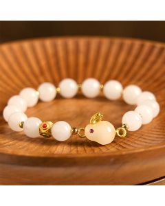 Buddha Stones Golden Silk Jade Cute Rabbit Luck Bracelet - Golden Silk Jade(Wrist Circumference 14-16cm)