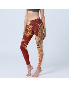 Buddha Stones Gorgeous Phoenix Peony Cloud Pattern Print Gym Leggings Women's Yoga Pants - FireBrick / US18，UK/AU22，EU50 (4XL)