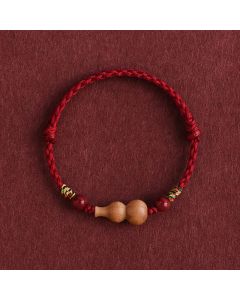Buddha Stones Gourd Peach Wood Rope Adjustable Wealth Luck Bracelet - Black Rope(Wrist Circumference: 15-19cm)
