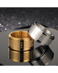 Buddha Stones Great Compassion Mantra Carved Titanium Steel Strengthen Rotatable Ring - Gold / US14