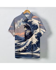 Buddha Stones Great Wave Black Cat Pattern Buttons Breathable Men's Short Sleeve Shirt - LightSteelBlue / US/UK/AU38，EU48 (M)