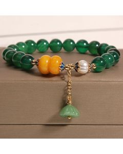 Buddha Stones Green Agate Amber Pearl Lotus Pod Support Bracelet - Green Agate(Wrist Circumference 14-17cm)