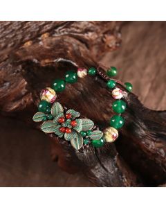 Buddha Stones Green Agate Glass Flower Beads Braided Knot Support Bracelet - Green Agate(Wrist Circumference: 5.5-7.9in)