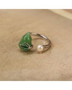 Buddha Stones Green Aventurine Gourd Pearl Leaf Open Positivity Ring - Gourd