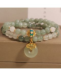 Buddha Stones Green Aventurine Peace Buckle Charm Luck Double Wrap Bracelet - Green Aventurine(Wrist Circumference 14-15cm)