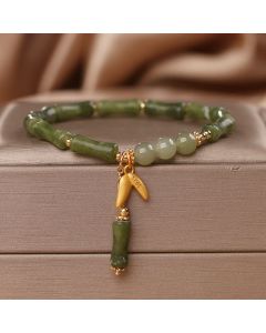 Buddha Stones Green Bamboo Jade Leaf Pattern Wealth Luck Bracelet - Green Bamboo Leaf(Wrist Circumference 14-15cm)