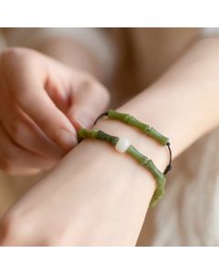 Buddha Stones Green Bamboo Jade Pattern Luck Abundance Bracelet - Green Bamboo Jade Rope Bracelet(Wrist Circumference 14-15cm)