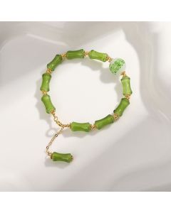 Buddha Stones Green Bamboo Pattern Liuli Crystal Moss Agate Wealth Chain Bracelet - Green Bamboo