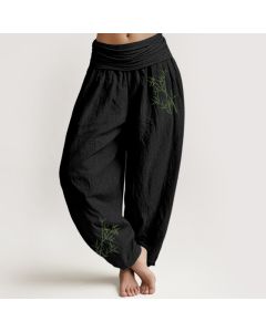 Buddha Stones Green Bamboo Print Pattern Women's Elastic Waist Harem Pure Cotton Pants - Black / US18，UK/AU22，EU50 (4XL)