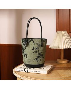 Buddha Stones Green Bamboo Print Vintage Crossbody Bag Handbag - Green Bamboo 14*11.5*19.5cm