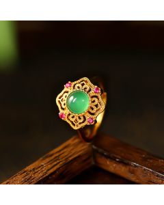 Buddha Stones Green Chalcedony Hollow Pattern Strength Adjustable Ring - 44-46.5mm(Adjustable)