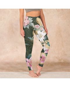 Buddha Stones Green Golden Snake Lily Peony Flowers Print Gym Leggings Women's Yoga Pants - DarkOliveGreen / US18，UK/AU22，EU50 (4XL)