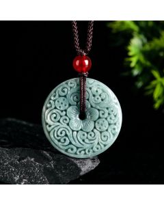 Buddha Stones Green Jade Flower Carved Peace Buckle Abundance Necklace Pendant - Jade(Natural Jade, Color & Size  May Vary)