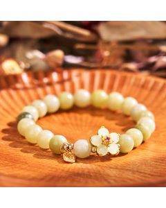 Buddha Stones Green Jade Flower Fu Character Charm Luck Bracelet - Jade(Wrist Circumference 14-16cm)