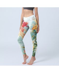 Buddha Stones Green Koi Fish White Lotus Water Ripples Print Gym Leggings Women's Yoga Pants - Honeydew / US2，UK/AU6，EU34 (XS)