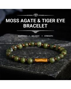 Buddha Stones Green Moss Agate Round Bead Tiger Eye Accent Bracelet - Moss Agate & Tiger Eye (Wrist Circumference: 5.9–6.3 in / 15-16 cm)