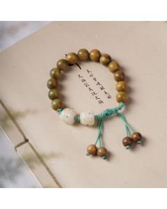 Buddha Stones Green Sandalwood Bodhi Seed Lucky Cat Positive Bracelet - Green Sandalwood(Wrist Circumference 14-15cm)