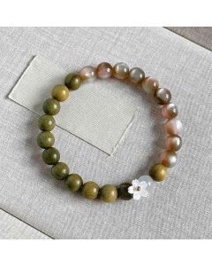 Buddha Stones Green Sandalwood Cat's Eye Flower Charm Serenity Bracelet - 8mm Pink Beads