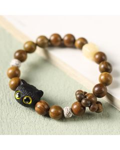 Buddha Stones Green Sandalwood Ebony Wood Cat Peace Soothing Bracelet - Green Sandalwood(Cure♥Positive)(Wrist Circumference 14-17cm)