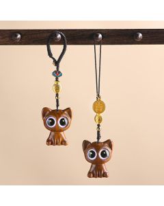 Buddha Stones Green Sandalwood Lucky Cat Koi Fish Cure Key Chain Phone Hanging Decoration - Green Sandalwood Cat Koi Fish Key Chain